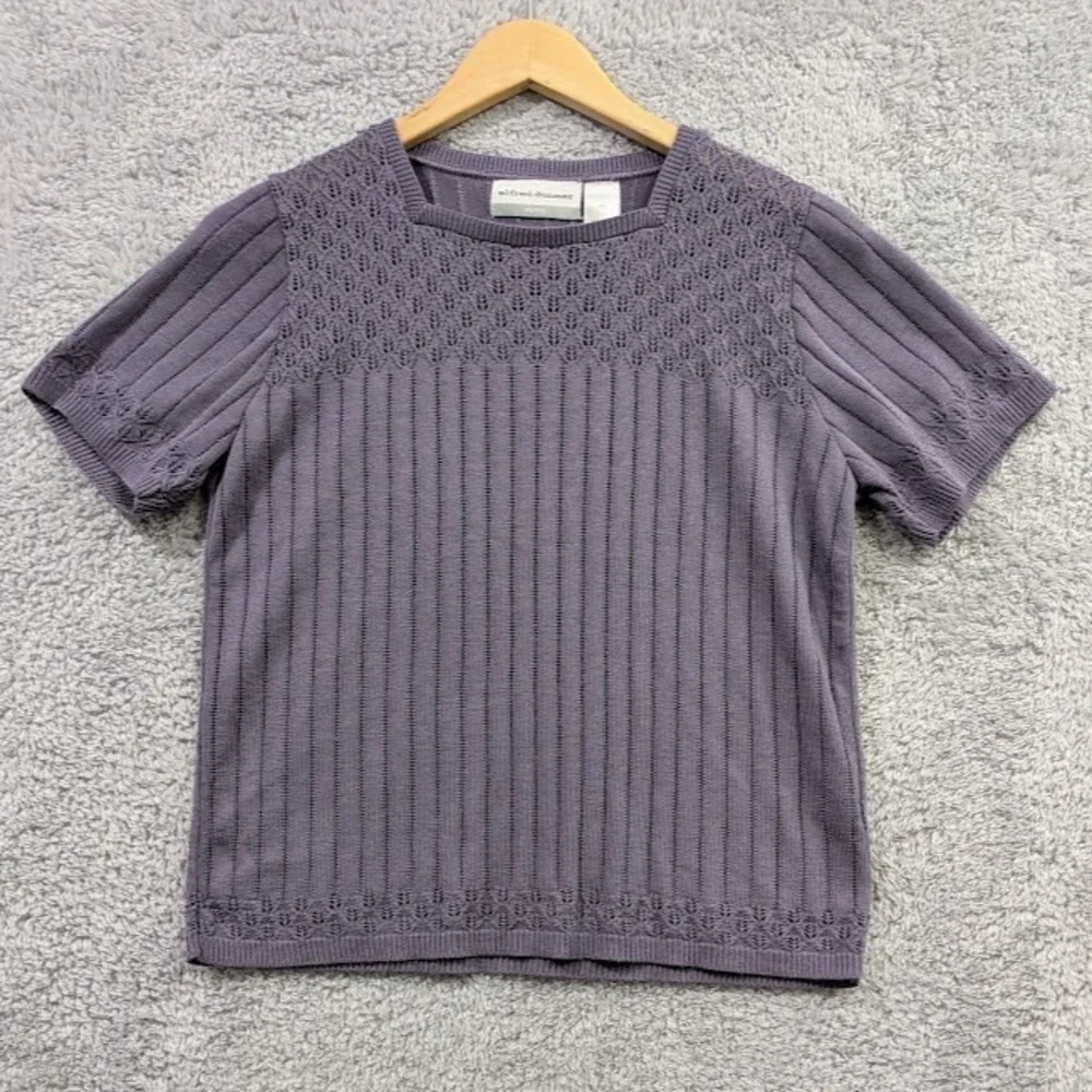 Alfred Dunner Knit Top Women's PS Purple Pointelle Square Neck Sweater Vtg Style
